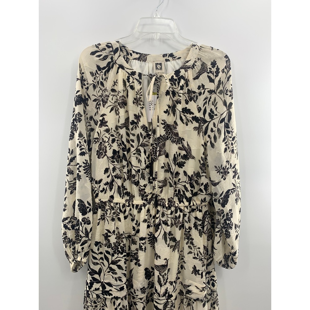 Anne Klein Dress 14 NWT Tiered Midi Maxi Cream Black Floral Bird Print Boho LS - Picture 10 of 16